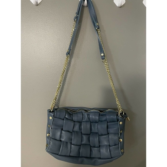 Valentina Fiore Woven LEATHER BLUE Handbag Gold Chain Leather Strap ITALY NWT - Picture 2 of 12